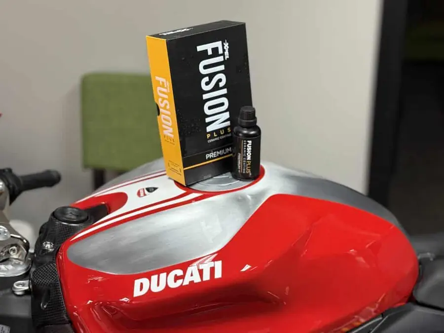 Ducati motorcycle tank prepped for ceramic coating at KCL Creations in Loveland Colorado