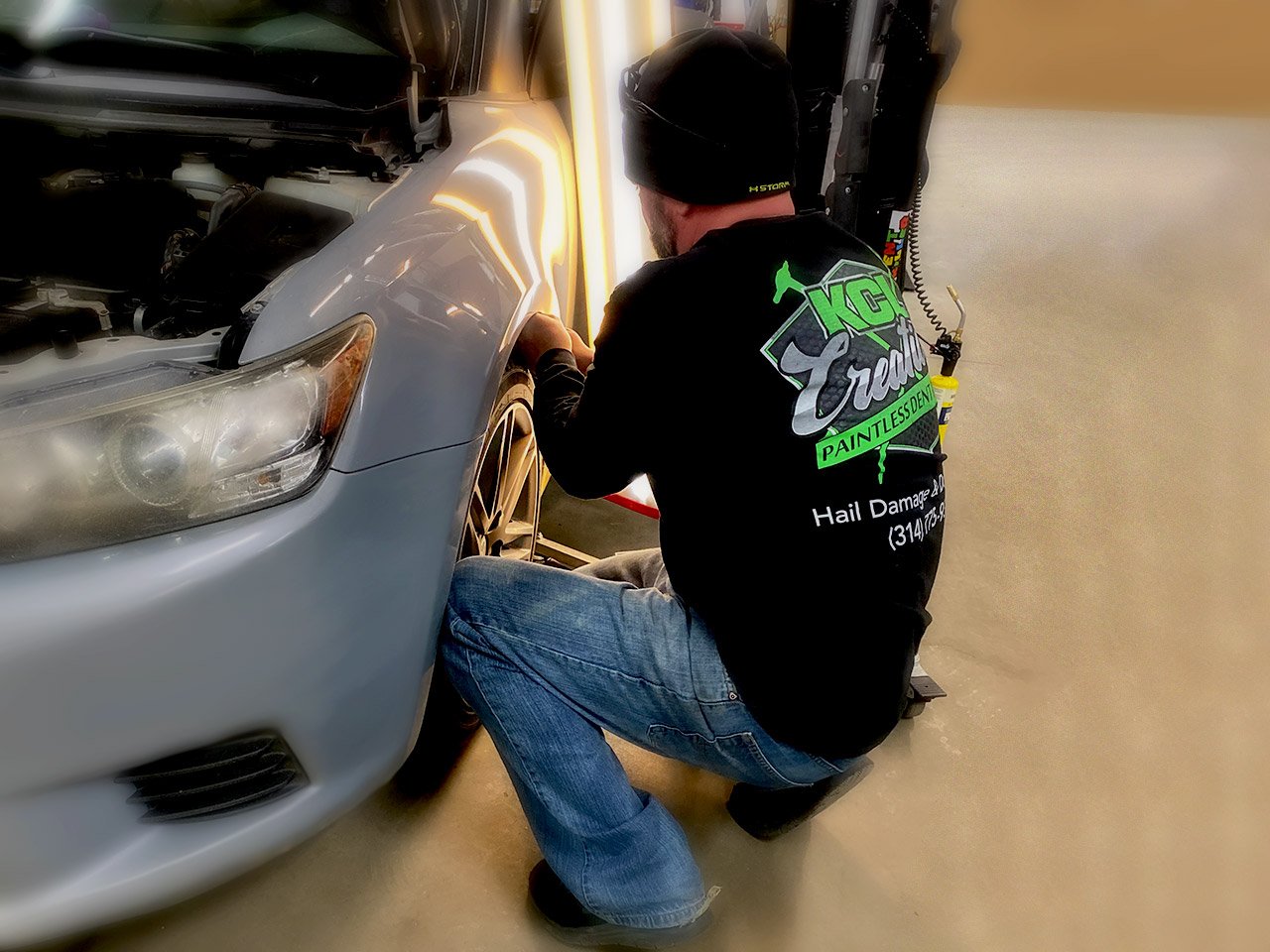 KCL-Creations-Koby-PDR-Shop KCL Creations—Repair Tech removing dents with PDR